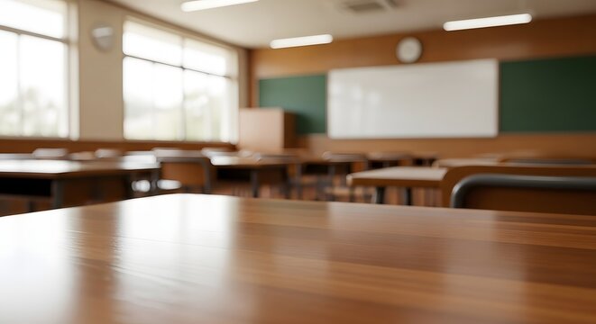A blurred view of an empty classroom with wooden desks and a whiteboard