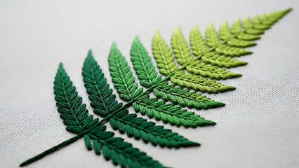 Detailed fern leaf embroidery in a vibrant green gradient, intricate handcrafted textile art close-up.