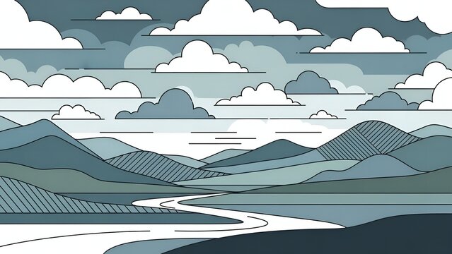 Stylized illustration of a serene landscape with rolling hills, a winding river, and a cloudy sky.