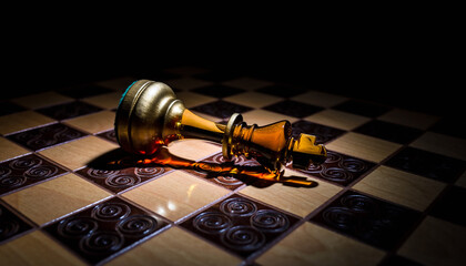 A symbolic checkmate moment featuring a fallen king on a dramatic chessboard under a spotlight. No human faces included.