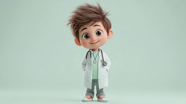 A cute 3D animated cartoon boy character dressed as a doctor with a stethoscope, smiling.