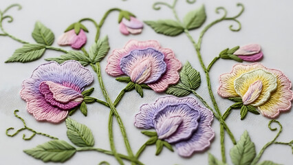 Exquisite Hand Embroidery of Sweet Pea Flowers in Delicate Pastel Colors, a Beautiful Textile Art on Fabric