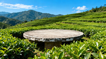 Pastoral Tea Garden: Round Stone Table and Mountain Scenery Between Terraces