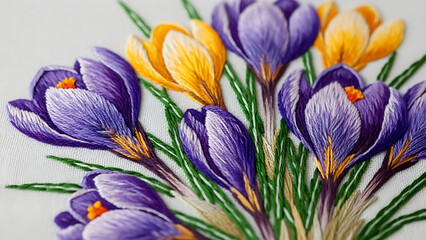 Beautiful handmade embroidery of colorful spring crocus flowers in purple and yellow hues, textile art.