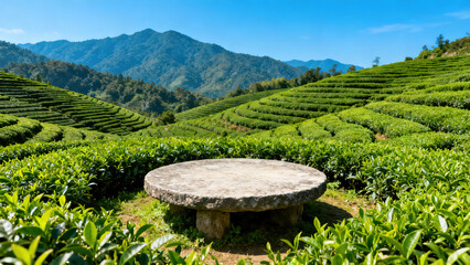 Pastoral Tea Garden: Round Stone Table and Mountain Scenery Between Terraces