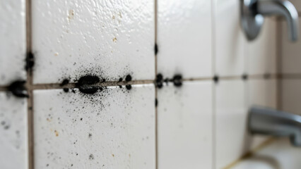 Moldy dirty bathroom wall tiles with damaged grout and black mildew growth near metal faucet showing moisture problem, poor maintenance and need for cleaning and renovation