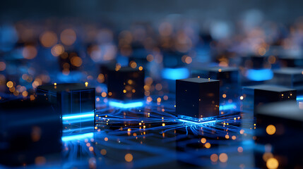 Futuristic technology landscape with glowing blue circuits and data connections