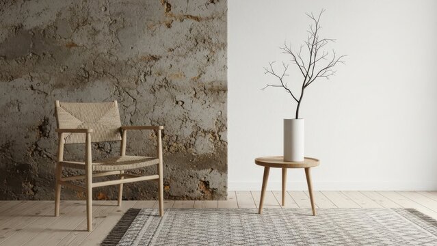 Minimalist interior scene featuring a chair vase and textured wall