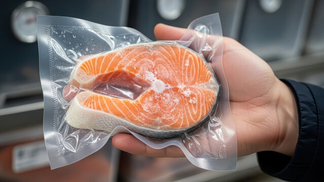 Vacuum sealed frozen salmon steak held in hand at seafood market, fresh packaged fish fillet in transparent plastic wrap ready for sale and convenient storage