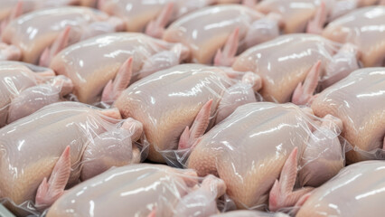 Raw whole chickens tightly packed in plastic vacuum packaging arranged in uniform rows at industrial poultry meat processing facility for distribution and sale