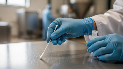 Quality control technician in protective gloves swabbing stainless steel surface for contamination test in sterile laboratory environment, ensuring hygiene and safety standards