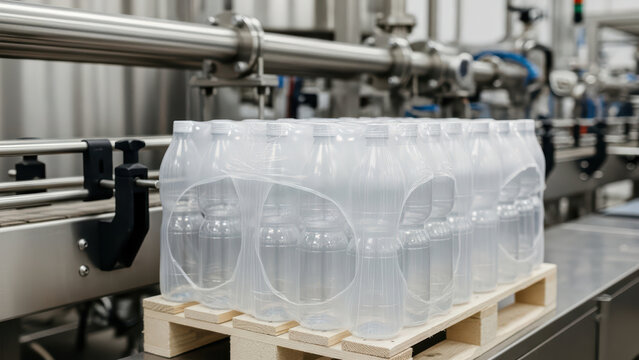 Automated beverage packaging line with transparent plastic bottles wrapped in shrink film on wooden pallet in modern industrial manufacturing plant