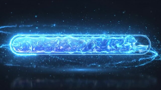 Glowing animated blue liquid flows within a rounded rectangle, surrounded by particles