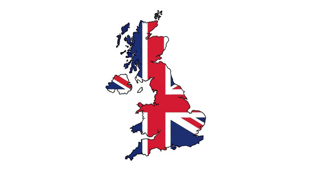 Vector illustration of a national British symbol featuring the United Kingdom map with the red and white Union Jack flag of Great Britain isolated on a plain background representing the country