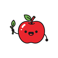 A cheerful cartoon apple holds a leafy stem with a happy face.