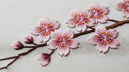 Exquisite hand-embroidered cherry blossoms with delicate pink petals on a branch, perfect spring floral art.