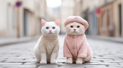 Adorable cats in sweaters showcase fashion trend on cobblestone street urban environment cute animals