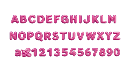 puffy, glossy, vibrant pink 3d bubble font, italicized english alphabet (a-z, a-z) and numerals (0-9) with magenta outlines on a transparent background. Playful typography concept