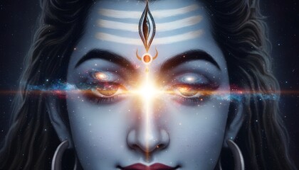 A mystical close-up of Lord Shiva's face with the universe and galaxies reflected in his eyes and the third eye open