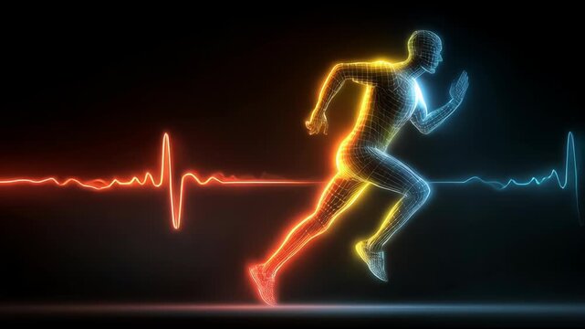 Futuristic neon wireframe of a man running with glowing heart rate pulse wave and sports technology data visualization