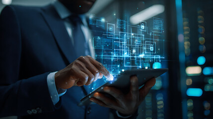Businessman interacting with futuristic digital interface on tablet
