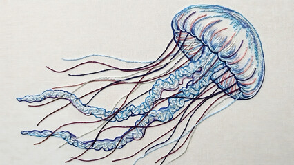 Exquisite hand-embroidered jellyfish in ocean blues, a stunning piece of detailed textile art.
