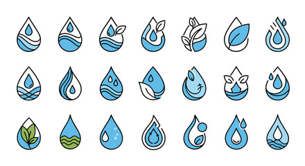 Diverse collection of blue water drop icons combined with green leaves and waves symbolizing nature and purity for eco designs.
