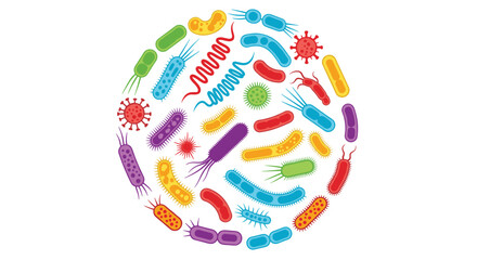 Multicolored collection of various bacteria, viruses, and microbes arranged in a circular formation for scientific education themes.