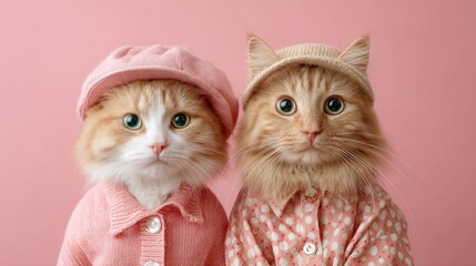Adorable cats dressed in cute outfits indoor studio portrait photography playful setting close-up fun concept