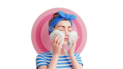 Woman Washing Face with Soap Bubbles