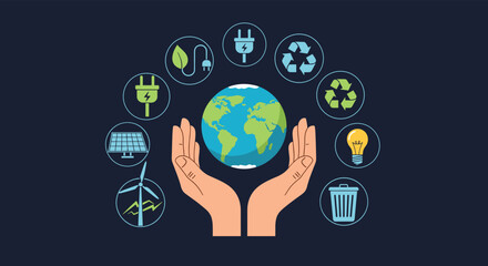 Human hands holding the earth surrounded by environmental icons for renewable energy, recycling, and sustainable living.