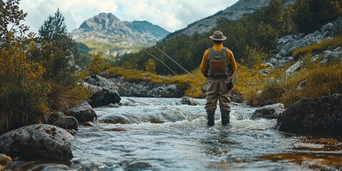 Obraz premium Person wearing waders stands fly-fishing in cold mountain stream surrounded by autumn foliage, rocky cliffs, and mist-covered peaks in background. Generative by AI.