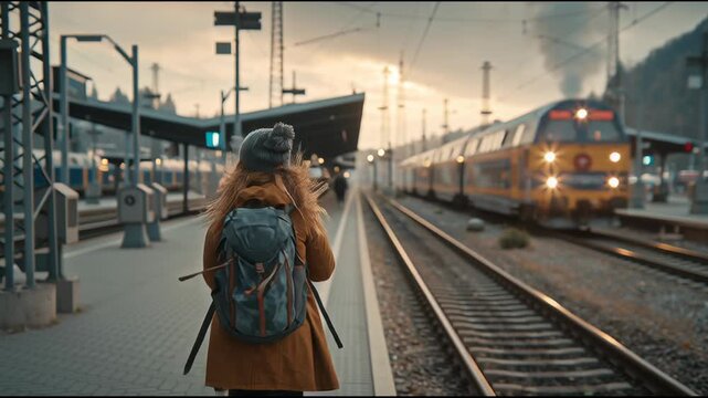Young woman traveler with backpack waiting for train on platform at sunset