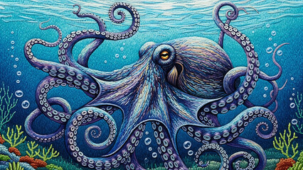 Vibrant Artistic Octopus Underwater - Detailed Ocean Scene with Marine Life and Colorful Coral