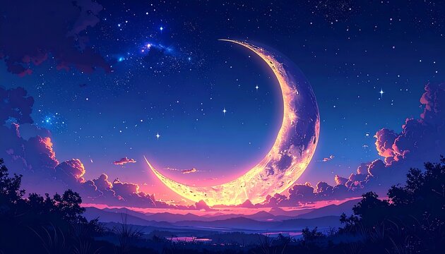 A crescent moon glows against a starry night sky with layered clouds - Powered by Adobe