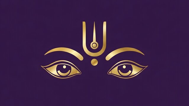 Stylized golden eyes with Urdhva Pundra tilaka on a deep purple background, representing Hindu Vaishnava devotion and spirituality.