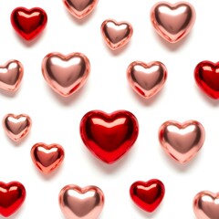red and rose gold hearts on white background