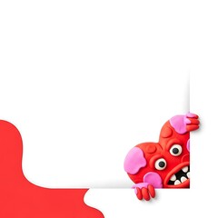 red monster with pink spots peeking from behind white sign