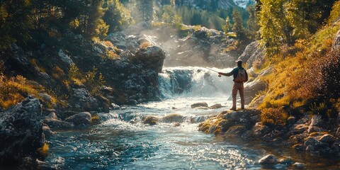 Person wearing waders stands fly-fishing in cold mountain stream surrounded by autumn foliage, rocky cliffs, and mist-covered peaks in background. Generative by AI.