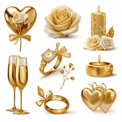 Valentine's Day set of candles, roses, candles, wedding rings in gold color