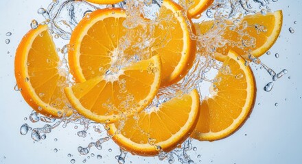Vibrant orange slices splashing in refreshing clear water