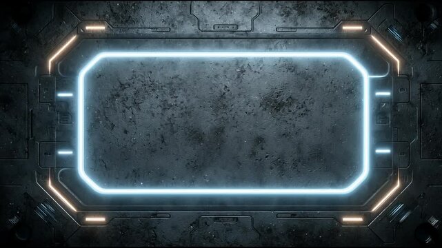 Futuristic metallic cyber frame with glowing neon light borders on heavy textured dark steel backgroun