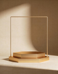 Minimal Golden Podium on Sandy Beige Background with Soft Daylight, Clean Modern Composition for Luxury Product Mockups, High-End Branding, Minimalist Advertising, and Elegant Visual Presentation