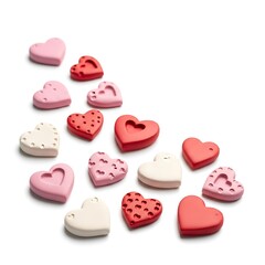 Colorful heart shaped beads on white surface