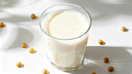 Fresh Still Life: Milk in a Glass Cup and Scattered Soybeans