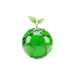 polished 3d green earth globe icon with a fresh plant seedling emerging, against a transparent background and soft studio lighting. Concept of environmental sustainability and renewal