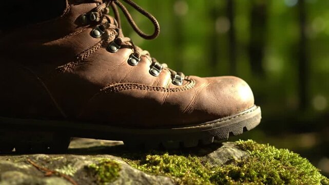 A detailed close-up shot features a robust brown leather hiking boot, complete with sturdy laces and a thick, rugged sole, resting firmly on a bed of vivid green moss covering a textured rock. The bac
