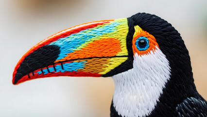 Vibrant toucan bird close-up, meticulously crafted with intricate embroidery and colorful thread