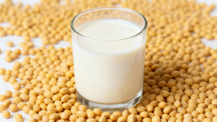 Fresh Still Life: Milk in a Glass Cup and Scattered Soybeans