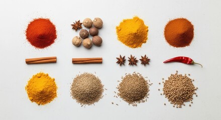Variety of aromatic spices and herbs on white background